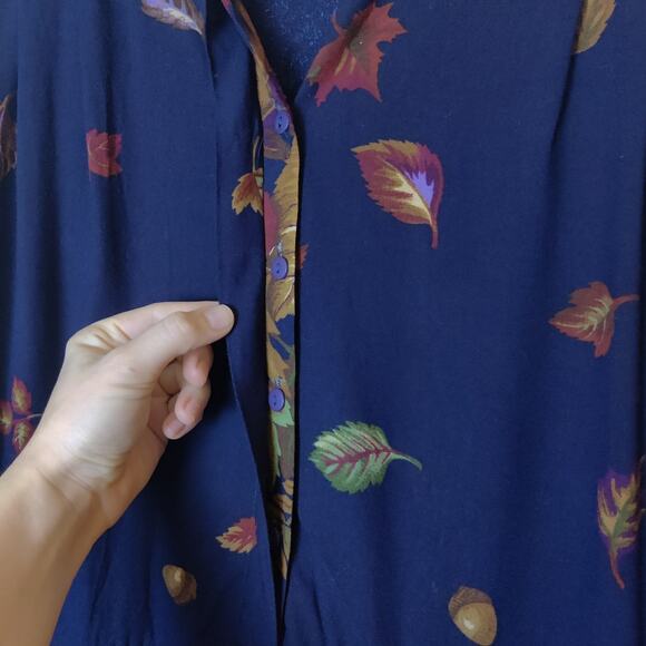 Vtg California Design Fall Autumn Leaf Print Long Sleeve Navy Blue Midi Dress 14 - Picture 4 of 13